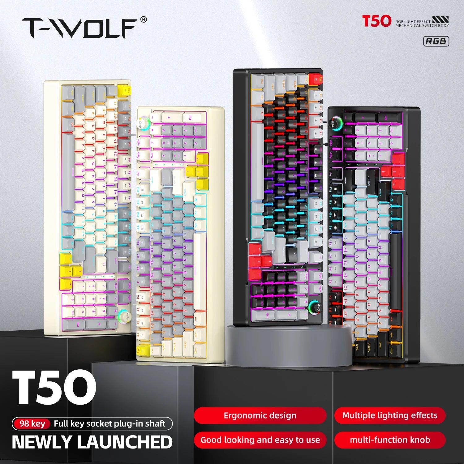 T-WOLF T50 — Compact Keyboard with Volume Knob