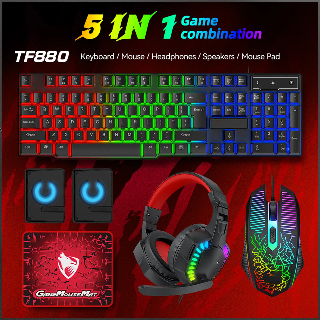 5-in-1 Gaming Bundle — Keyboard, Mouse, Headset, Speaker & Pad