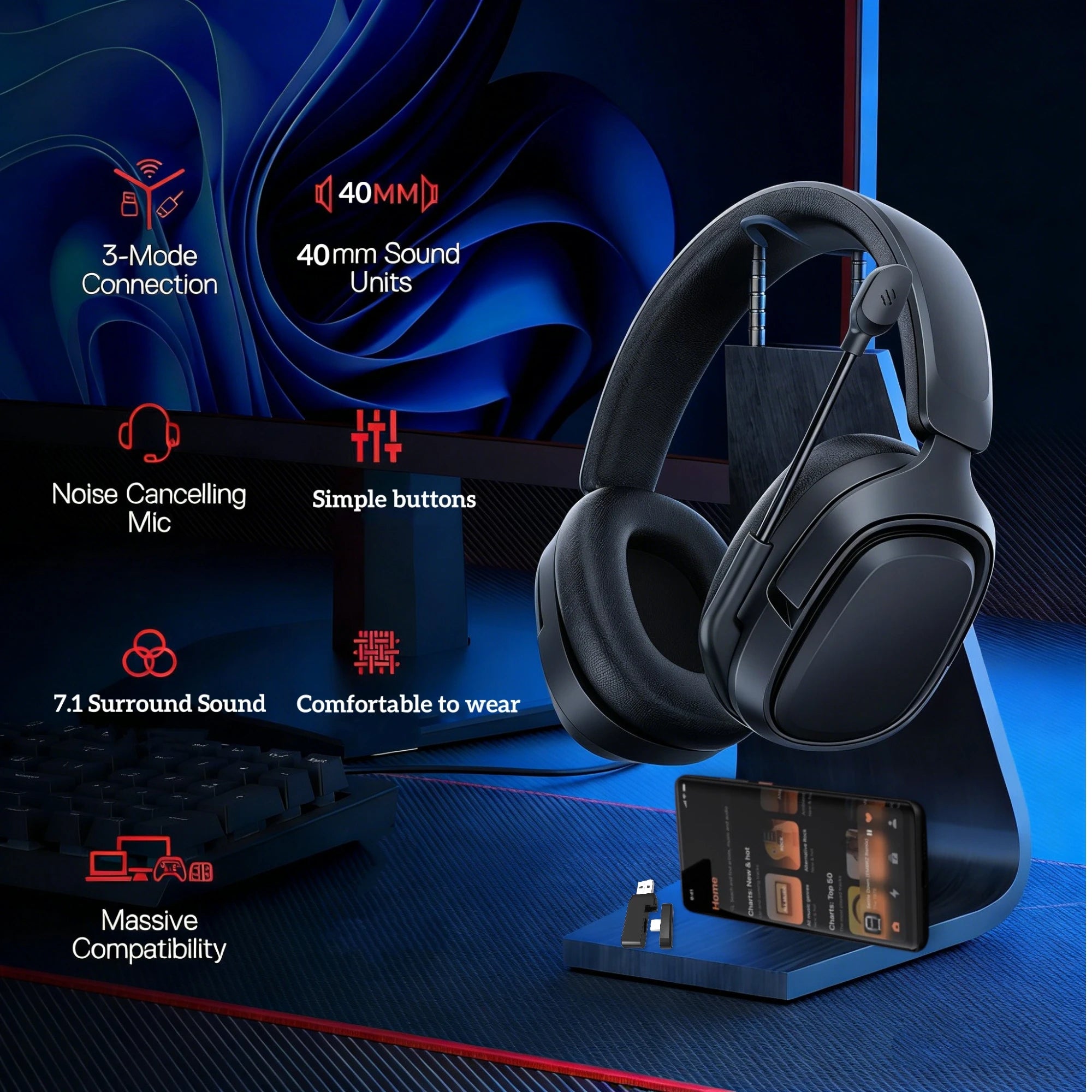 GT808 Wireless Gaming Headset — Rotating Mic