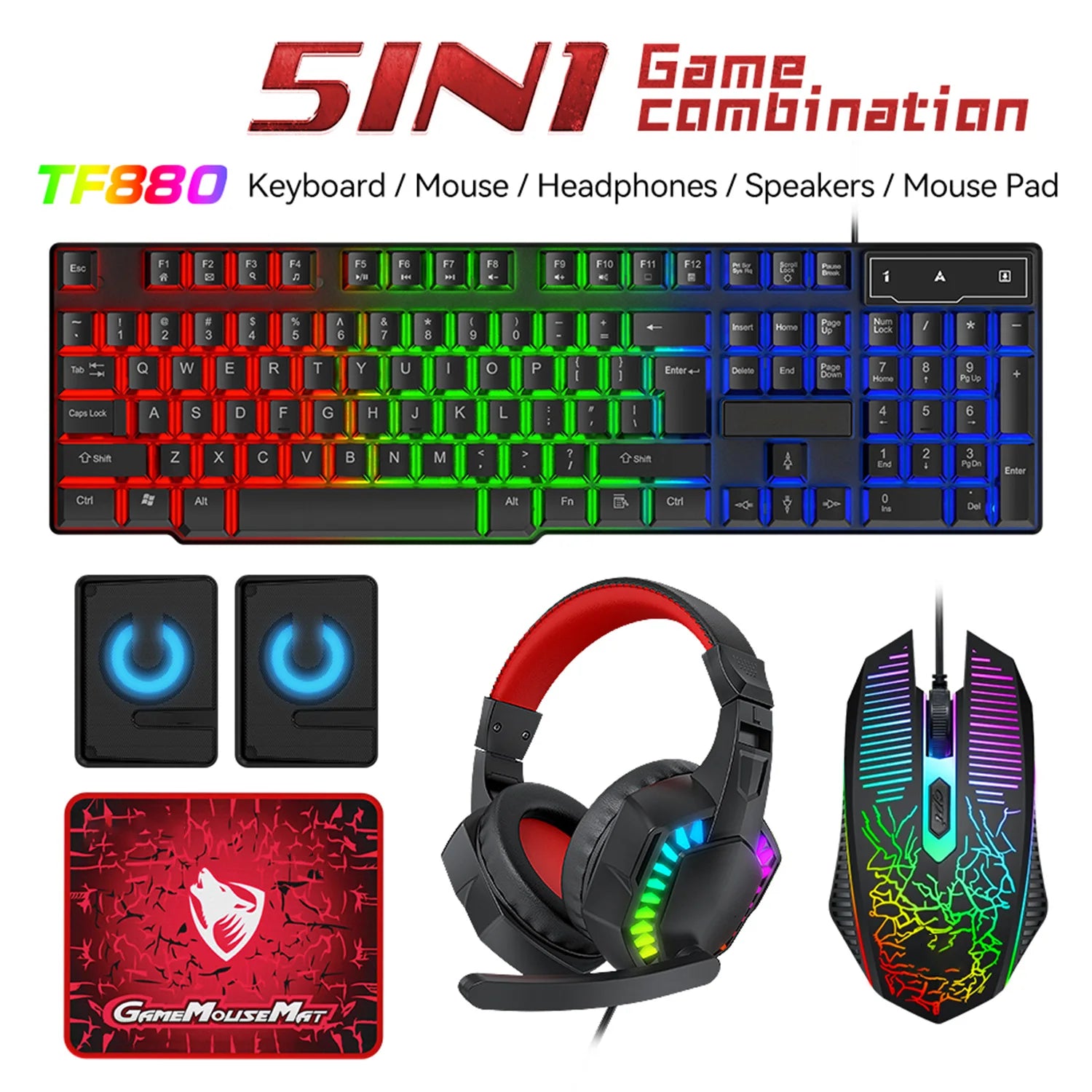 5-in-1 Gaming Bundle — Keyboard, Mouse, Headset, Speaker & Pad