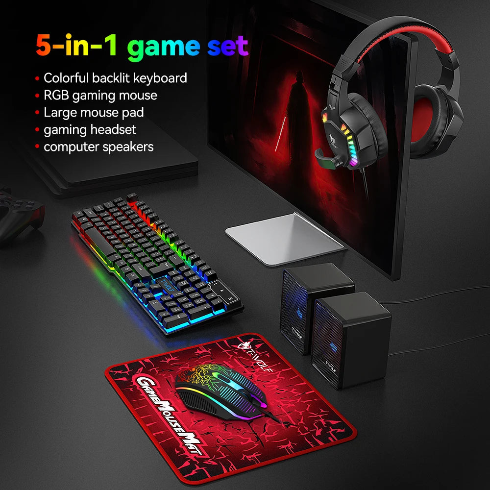 5-in-1 Gaming Bundle — Keyboard, Mouse, Headset, Speaker & Pad